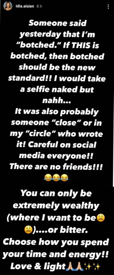 "I would take a selfie naked but..." Idia Aisien writes after someone said her body is "botched