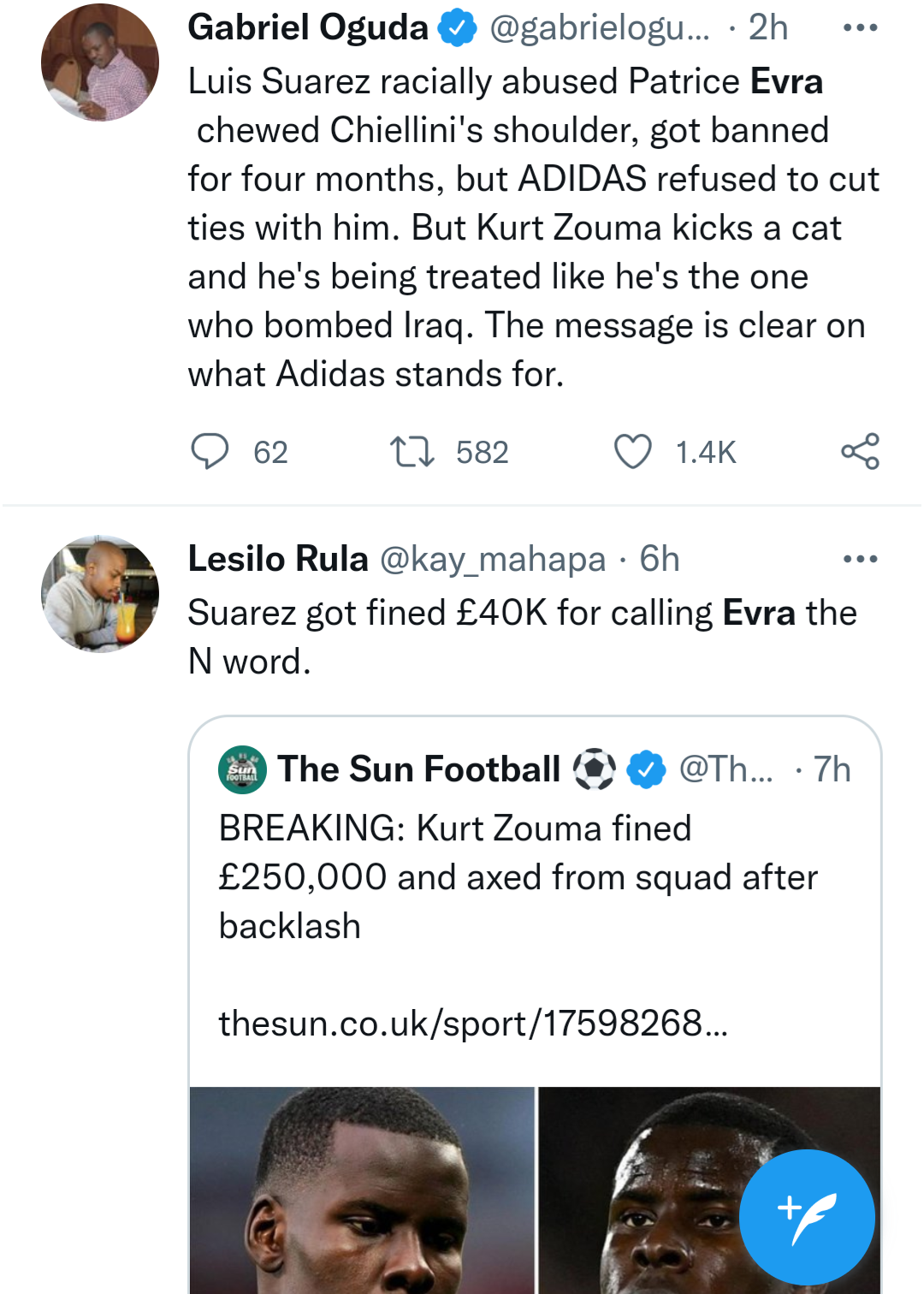 Fans make racism allegations against Adidas after they ended sponsorship deal with Kurt Zouma for kicking cat but just warned Luis Suarez when he racially abused Evra in 2014