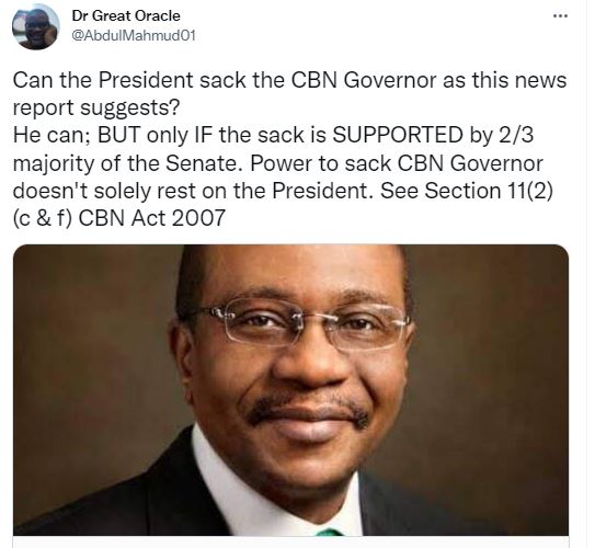 CBN Governor sacked by President Buhari is the latest news in Nigeria.