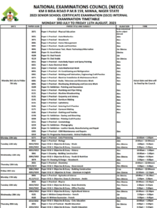 View/download PDF copy of NECO Timetable 2023 for Science, Art and Commercial Students
