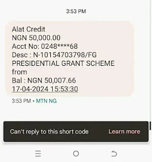 Have You Received Your FGN N50k Presidential Conditional Grant? See Alert Screenshots