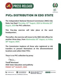 INEC Announces PVC Collection Dates in Edo State