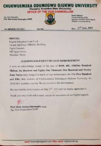 NELFUND has successfully disbursed a total of ₦100,681,124 to Chukwuemeka Odumegwu Ojukwu University