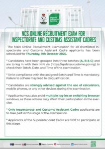 Nigeria Customs Service announces 2025 online recruitment exam date for Inspectorate and Customs Assistant Cadres – GoldenNewsNg